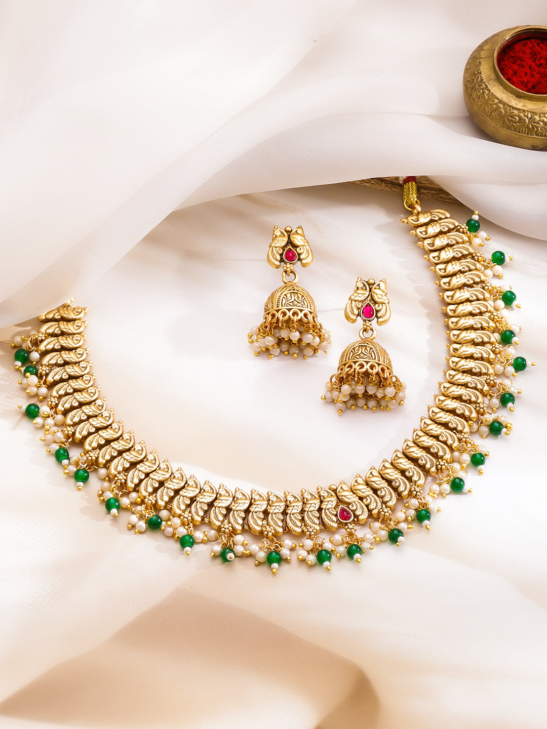 Peacock Glory Green & Pink Necklace Set フリーサイズ