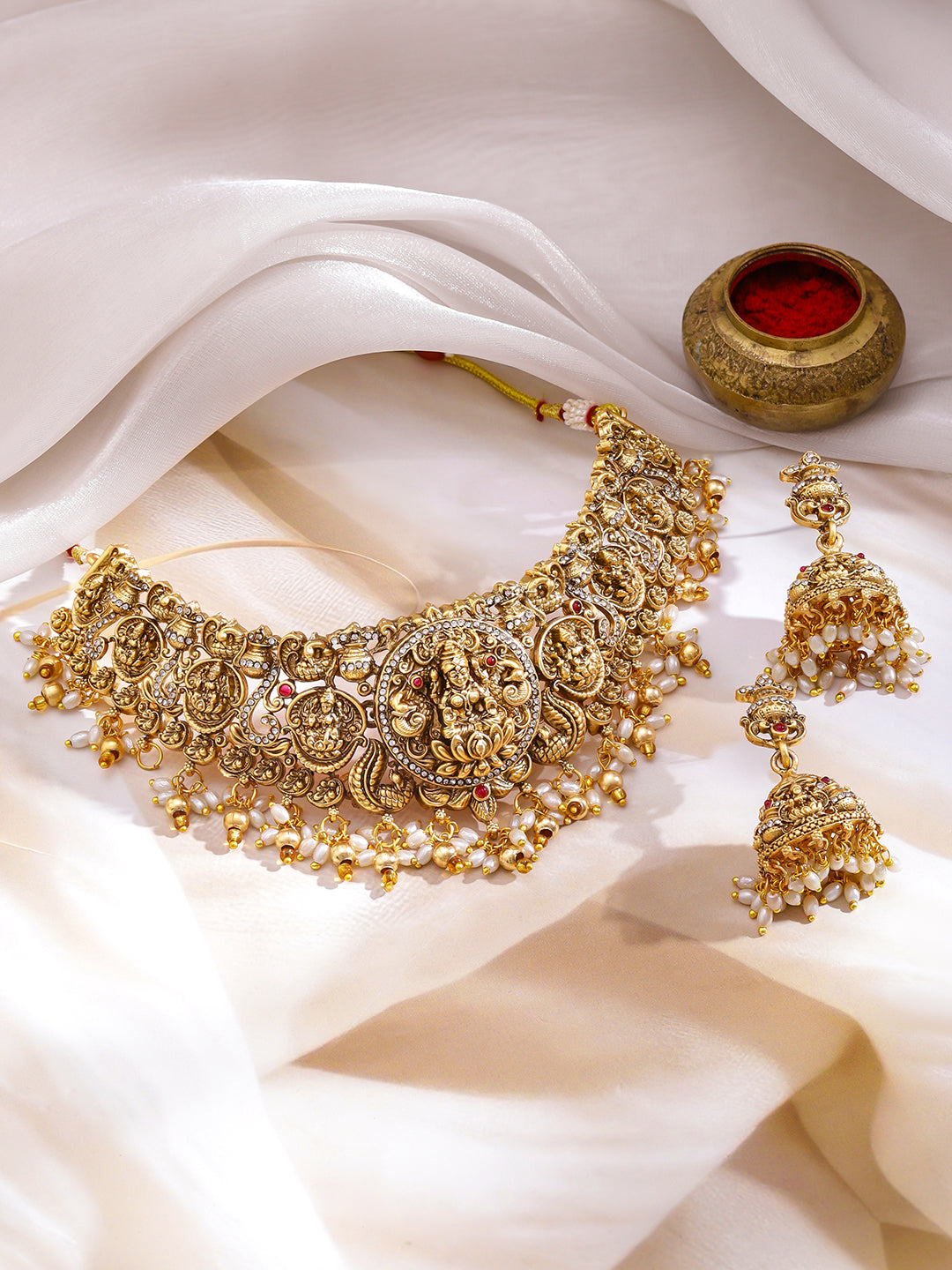 Laxmi Motif Pearl Beaded Gold Necklace Set フリーサイズ
