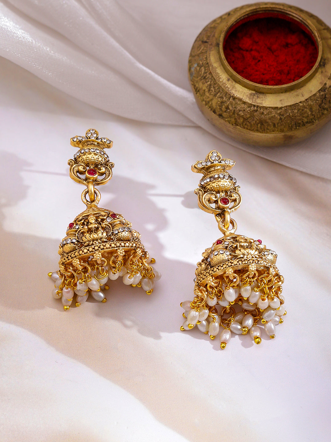 Laxmi Motif Pearl Beaded Gold Necklace Set フリーサイズ