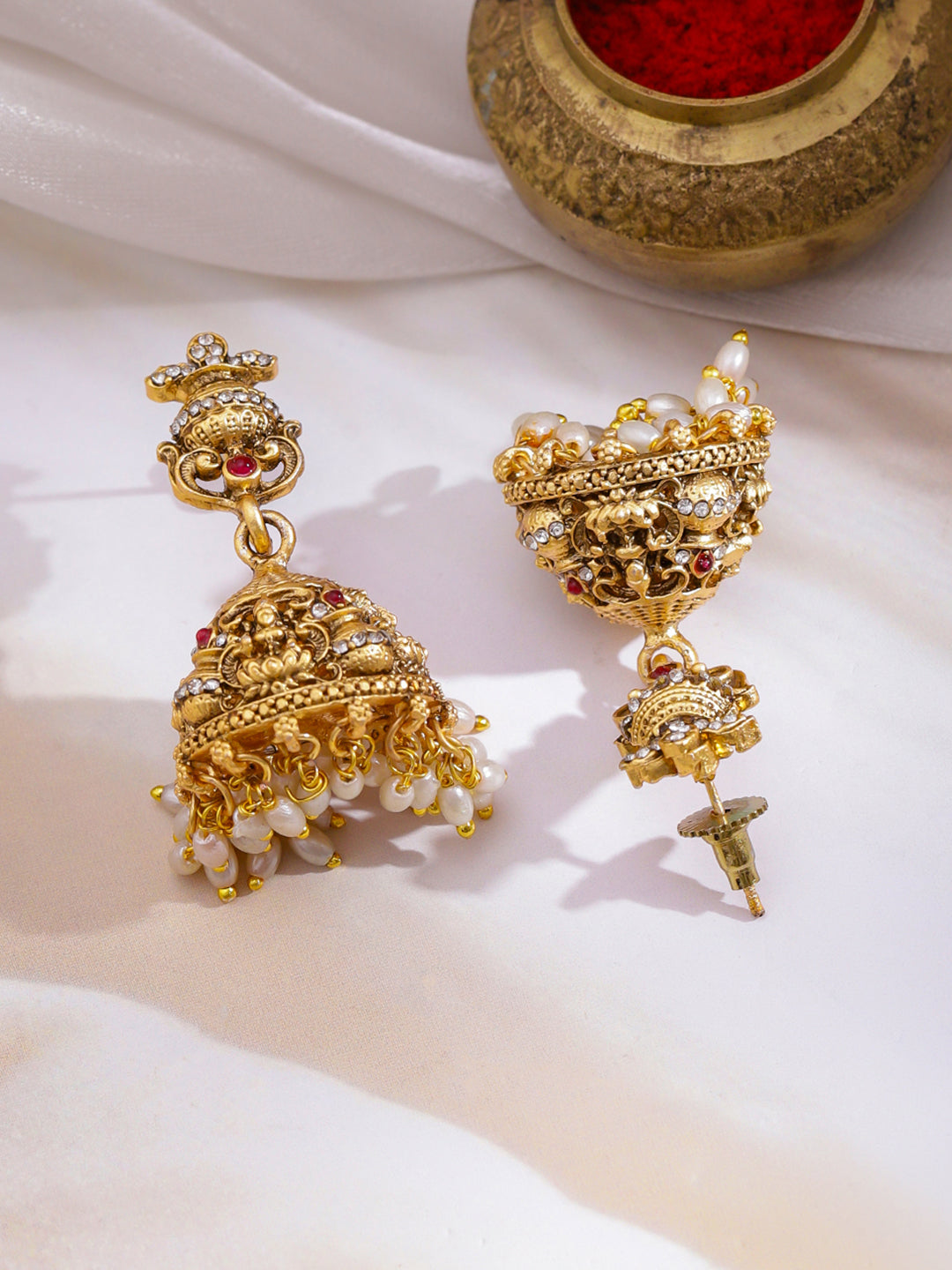 Laxmi Motif Pearl Beaded Gold Necklace Set フリーサイズ