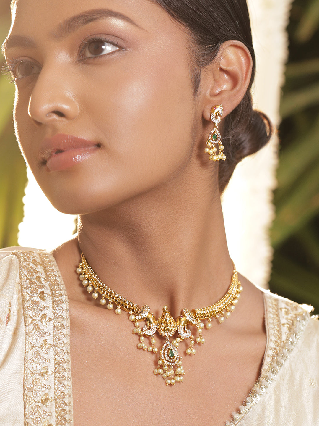 American Diamond Zirconia Temple Necklace Set フリーサイズ