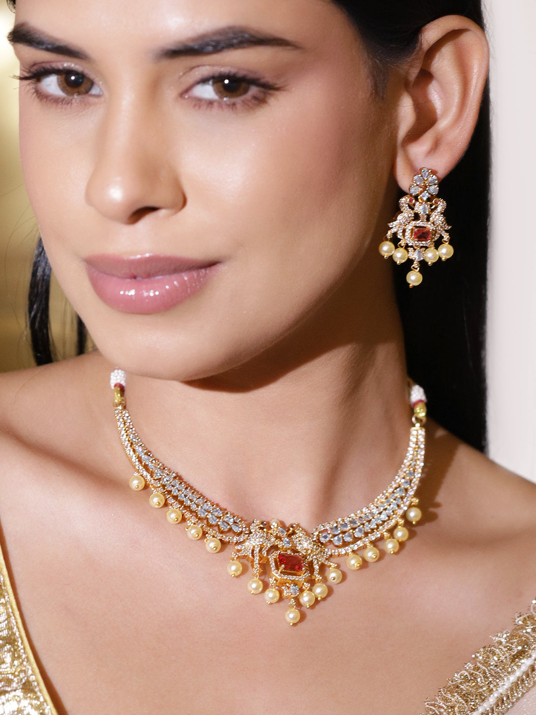 American Diamond Zirconia Pearl Necklace Set フリーサイズ