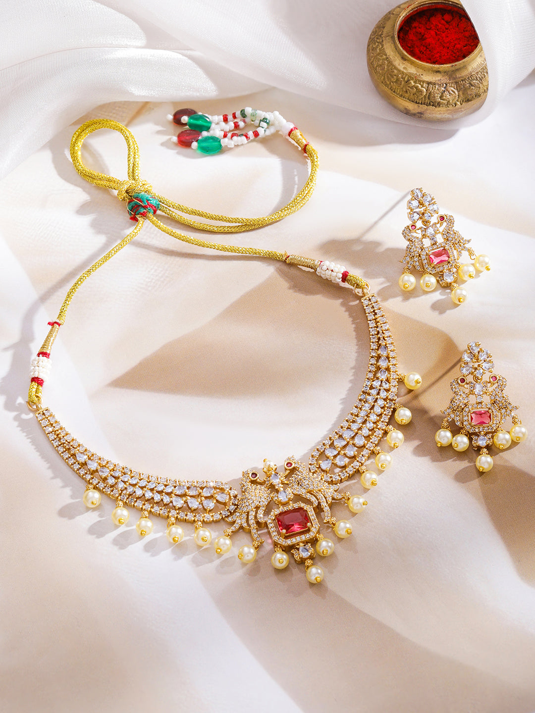 American Diamond Zirconia Pearl Necklace Set フリーサイズ