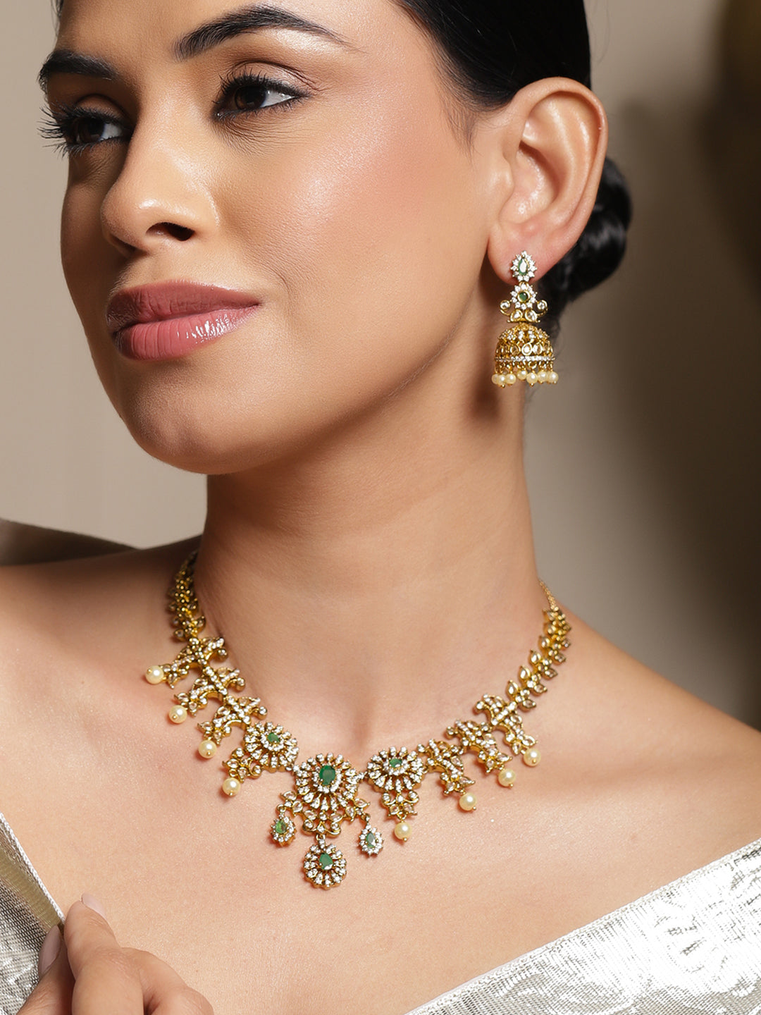 American Diamond Zirconia Floral Green Necklace Set フリーサイズ