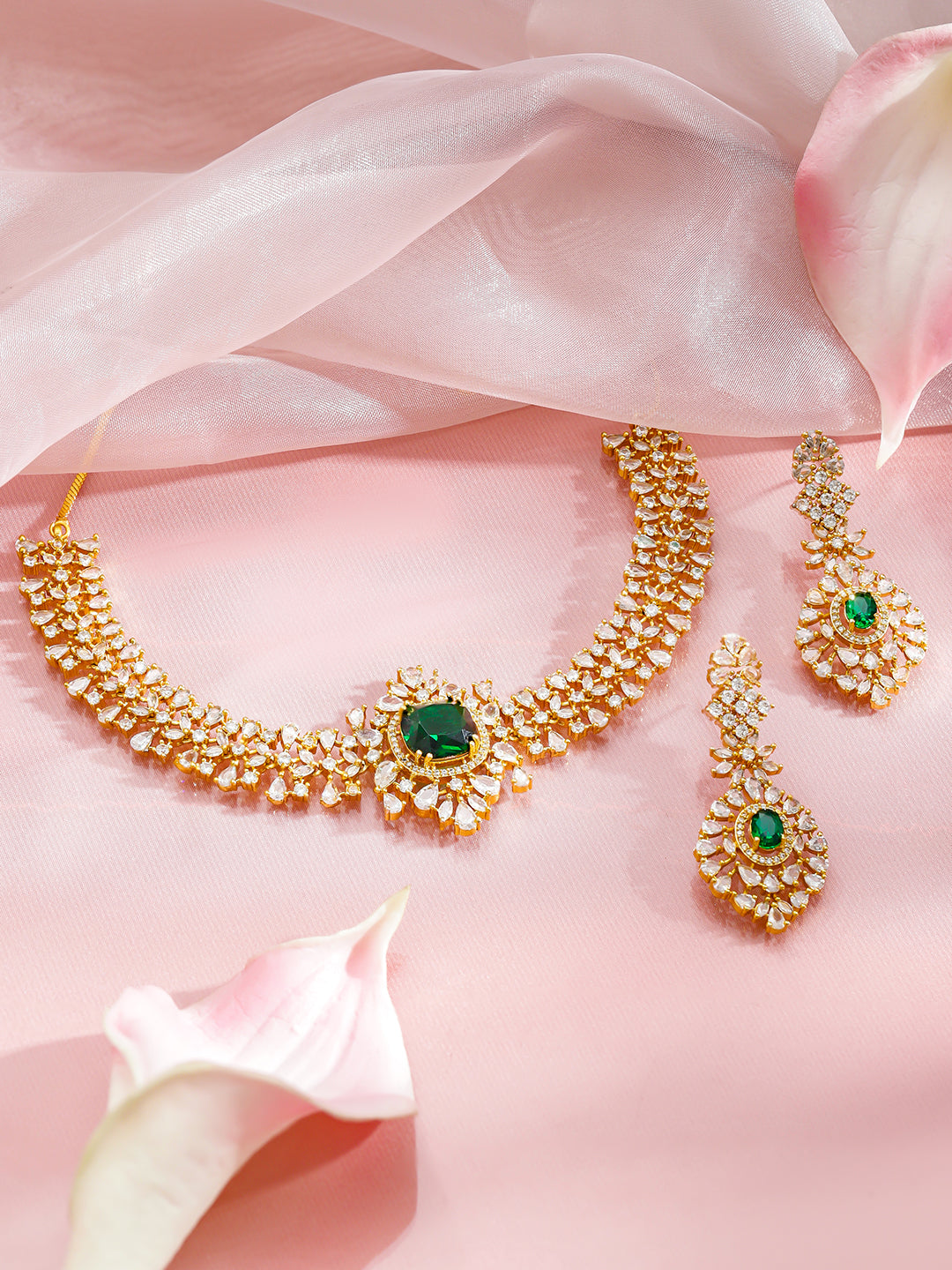 White Studded Emerald Gold Necklace Set フリーサイズ