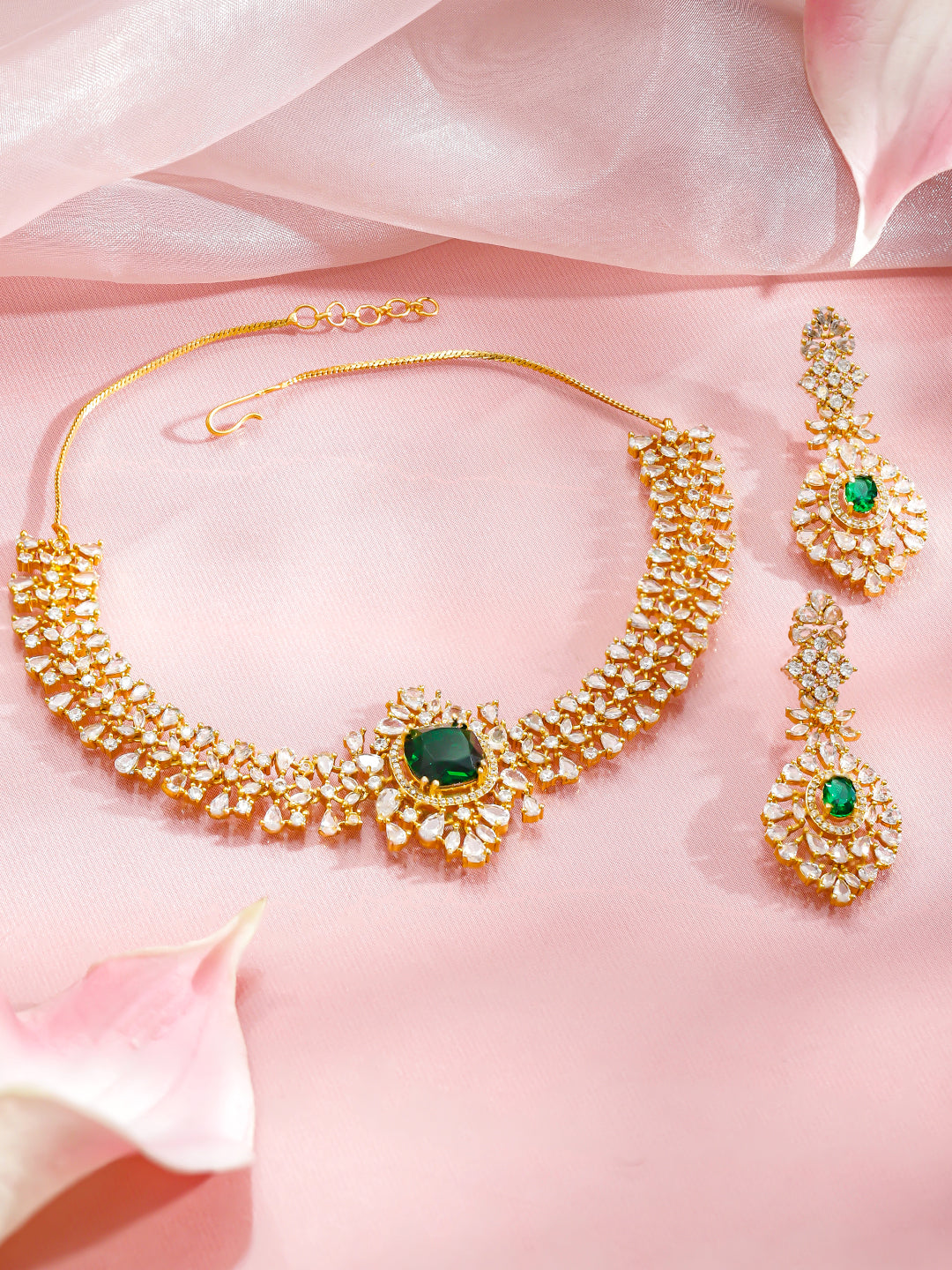 White Studded Emerald Gold Necklace Set フリーサイズ