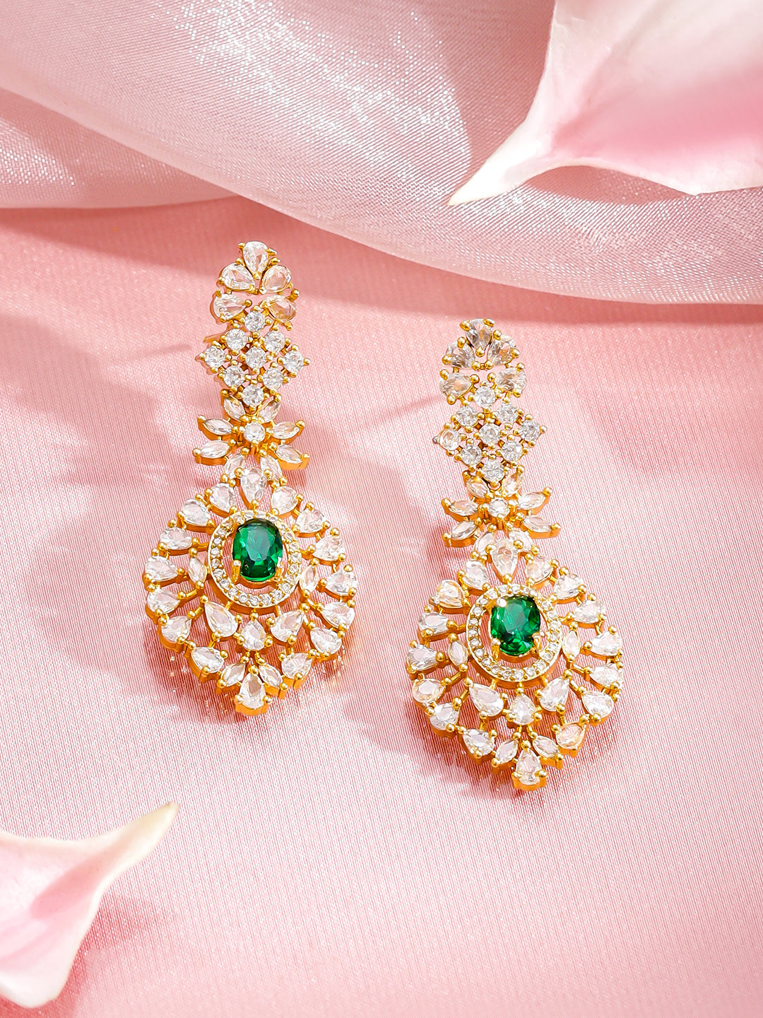 White Studded Emerald Gold Necklace Set フリーサイズ