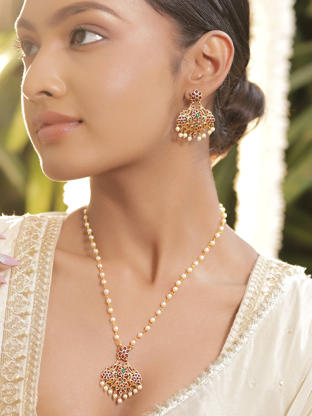 Pink & Green Pearl Beaded Gold Necklace フリーサイズ