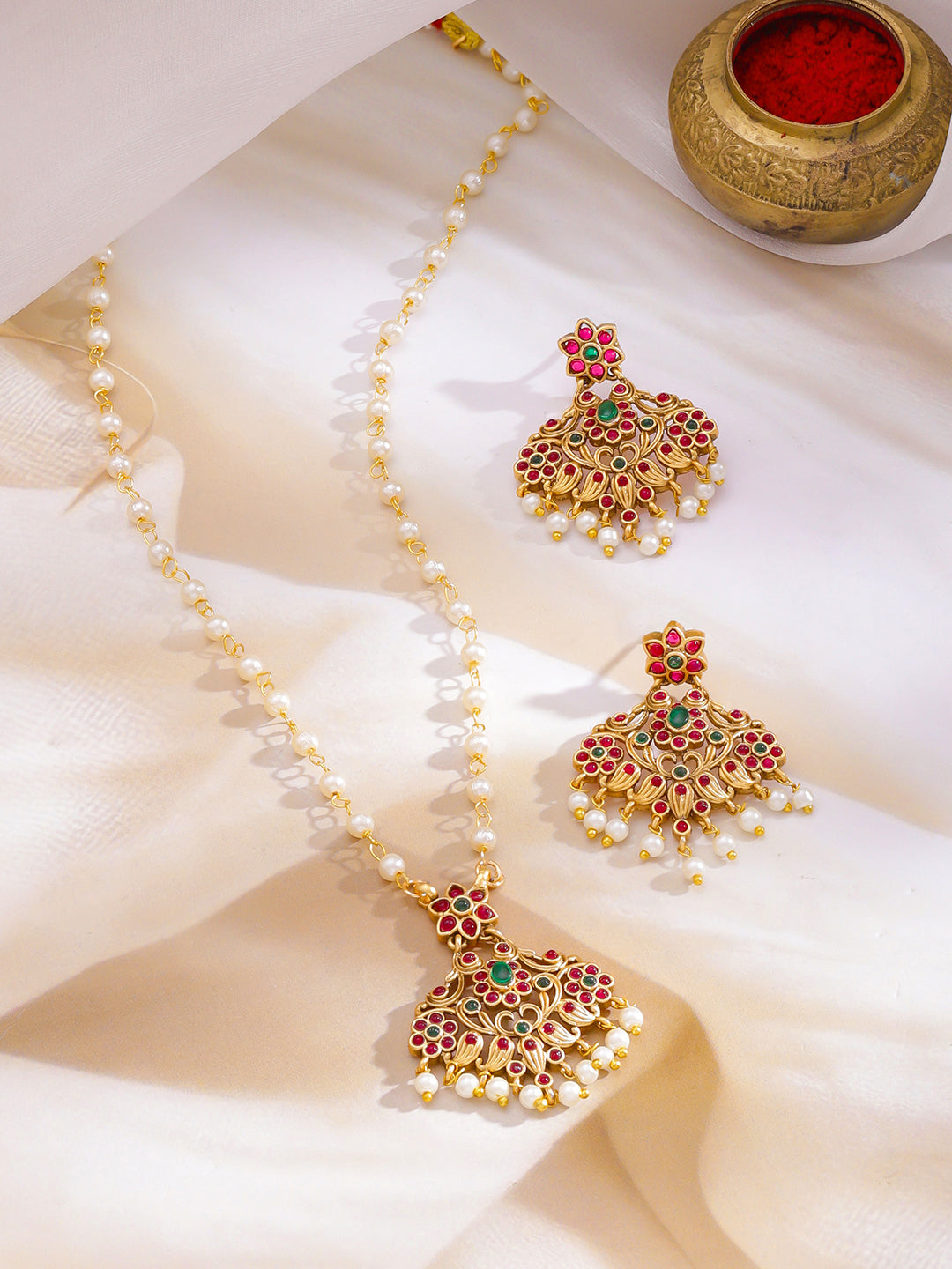 Pink & Green Pearl Beaded Gold Necklace フリーサイズ