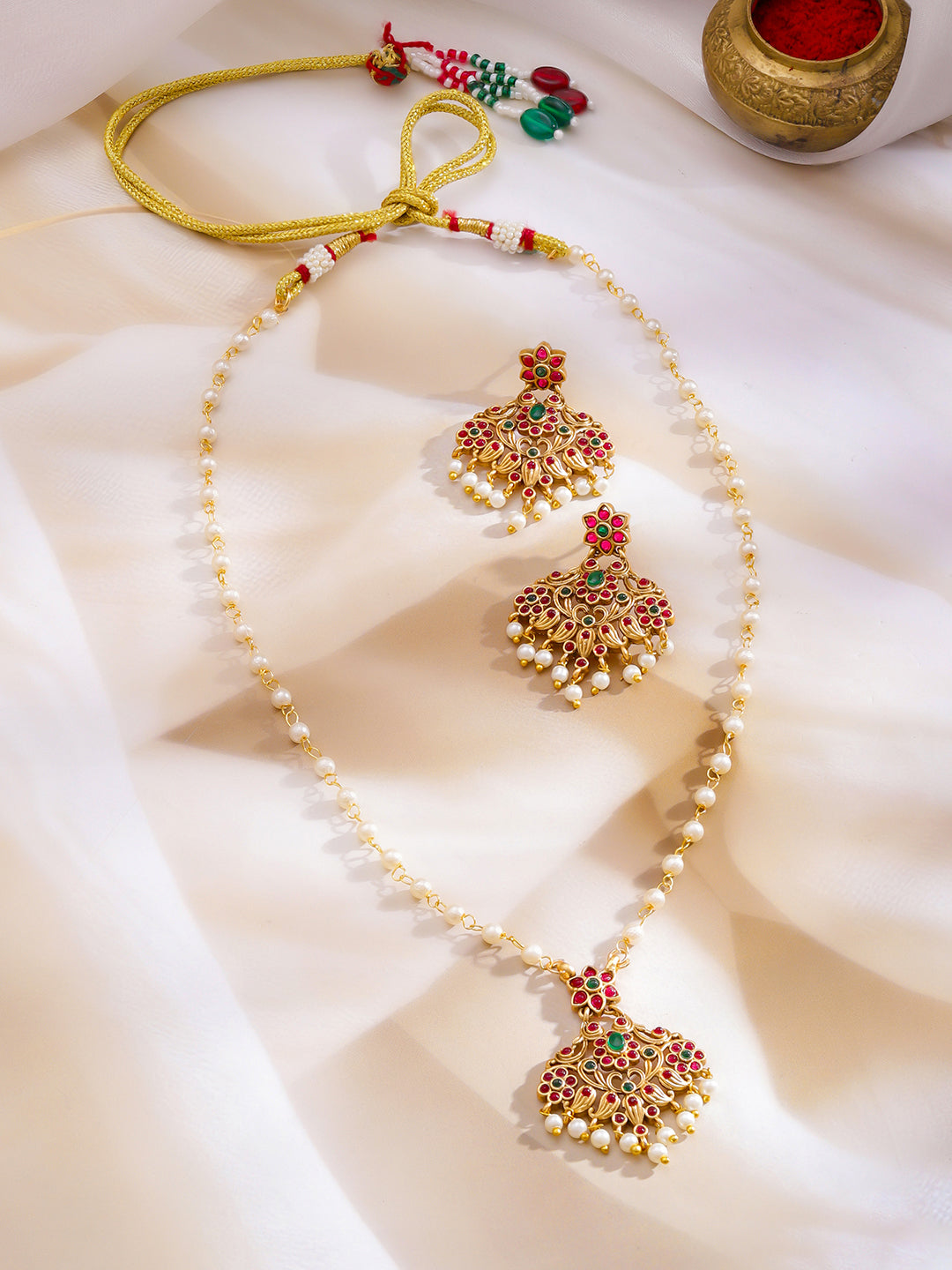 Pink & Green Pearl Beaded Gold Necklace フリーサイズ