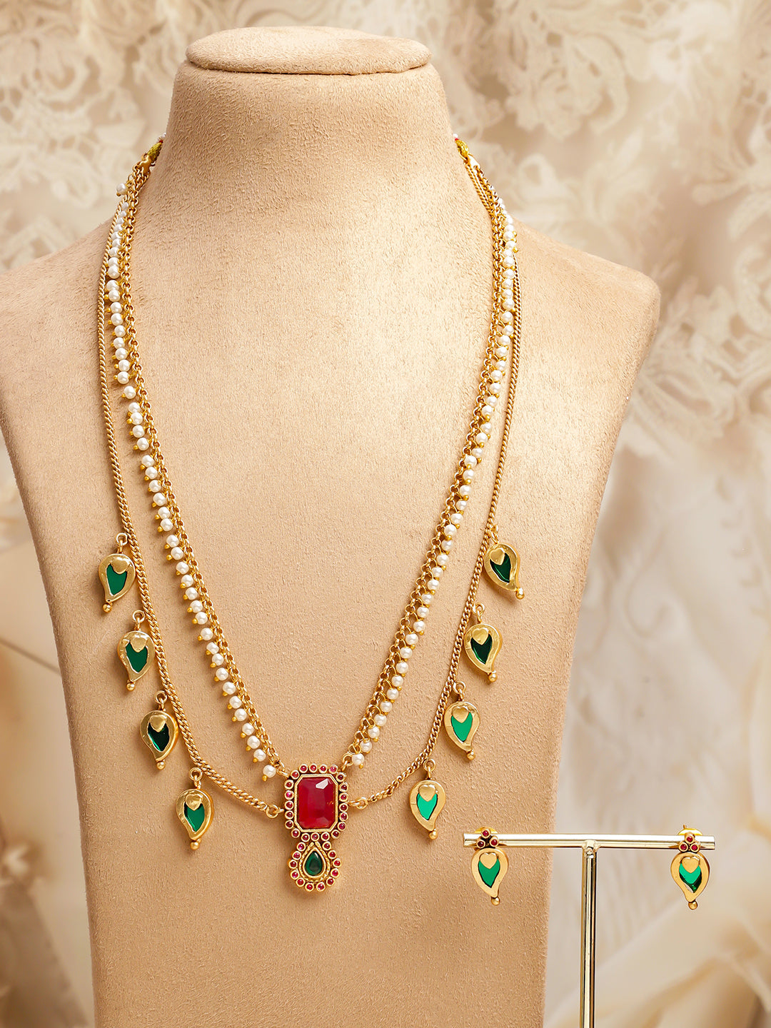 Red & Green Dual Layered Pearl Necklace Set フリーサイズ
