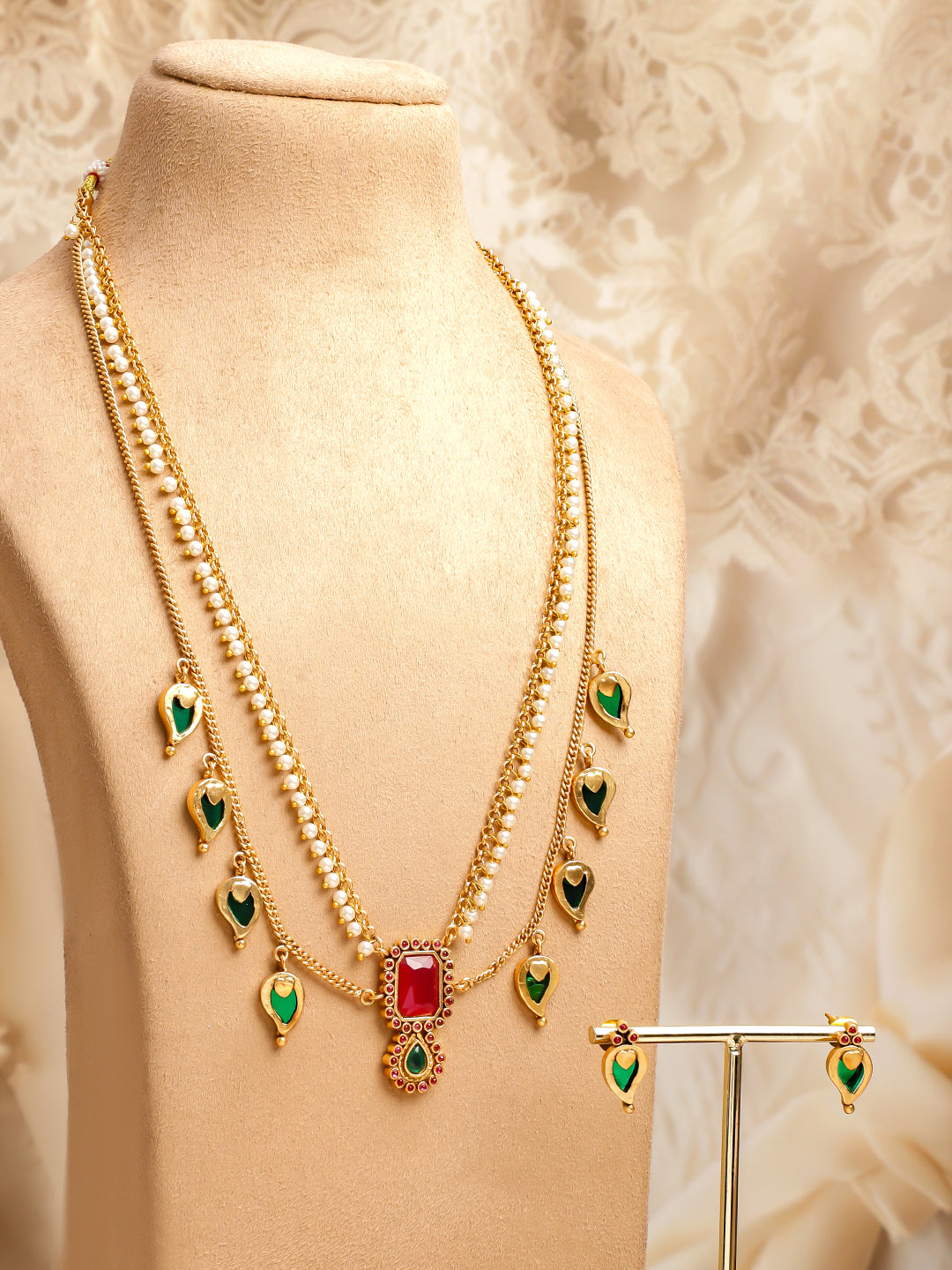 Red & Green Dual Layered Pearl Necklace Set フリーサイズ