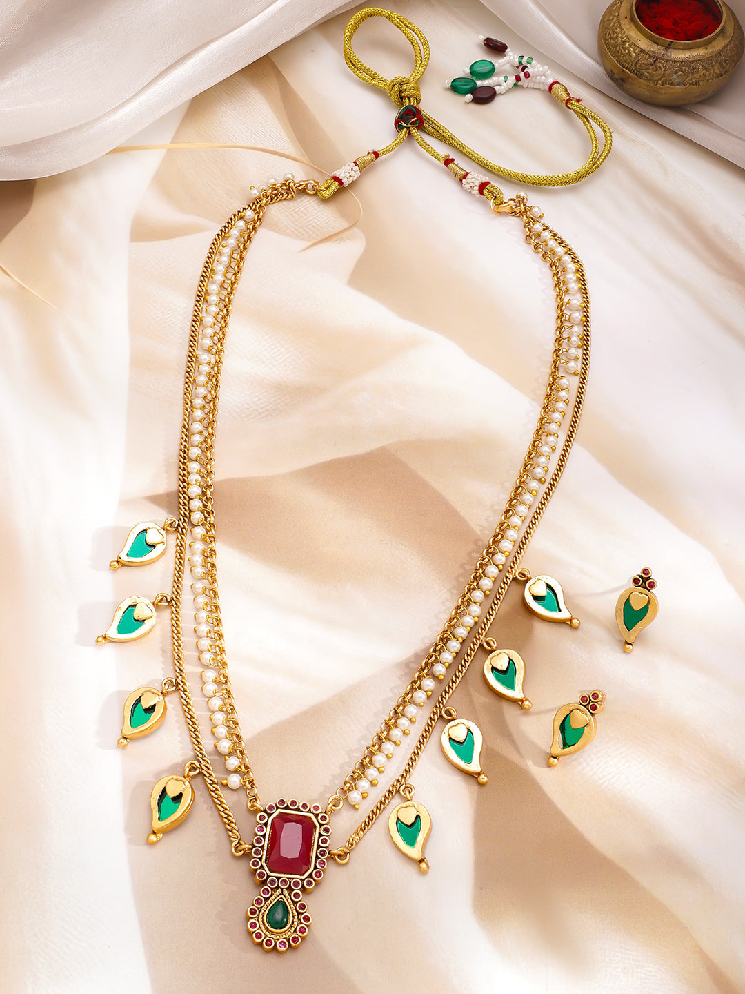 Red & Green Dual Layered Pearl Necklace Set フリーサイズ