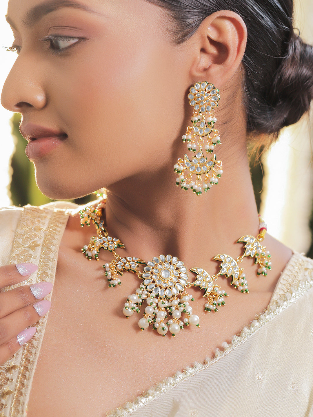 Graceful Kundan Pearl Green Necklace Set フリーサイズ