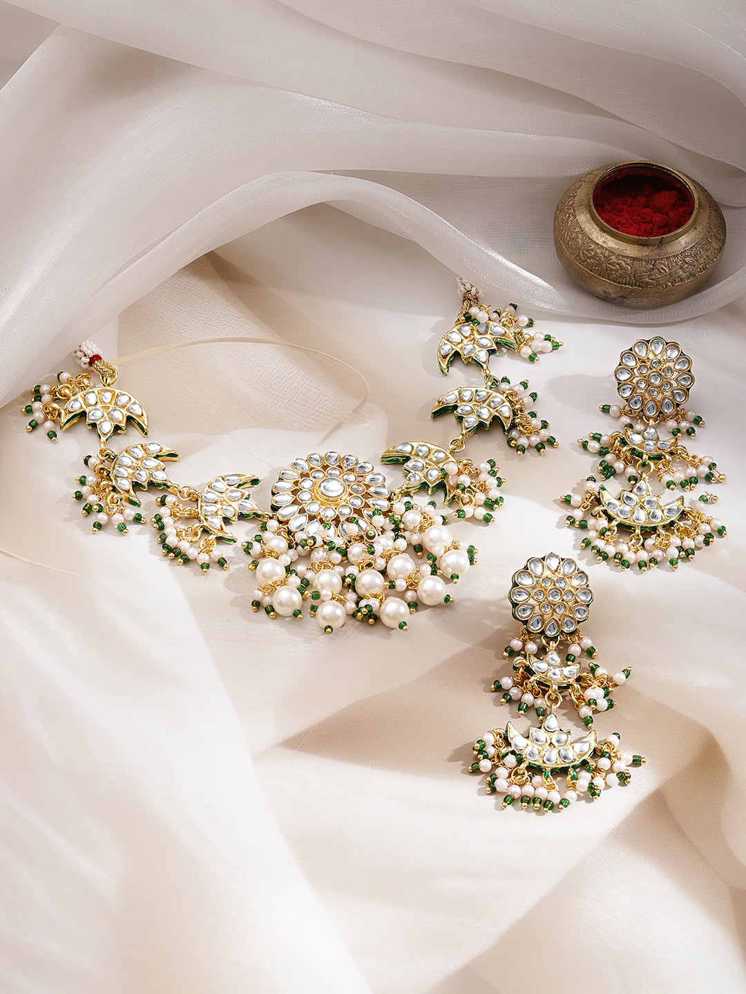 Graceful Kundan Pearl Green Necklace Set フリーサイズ