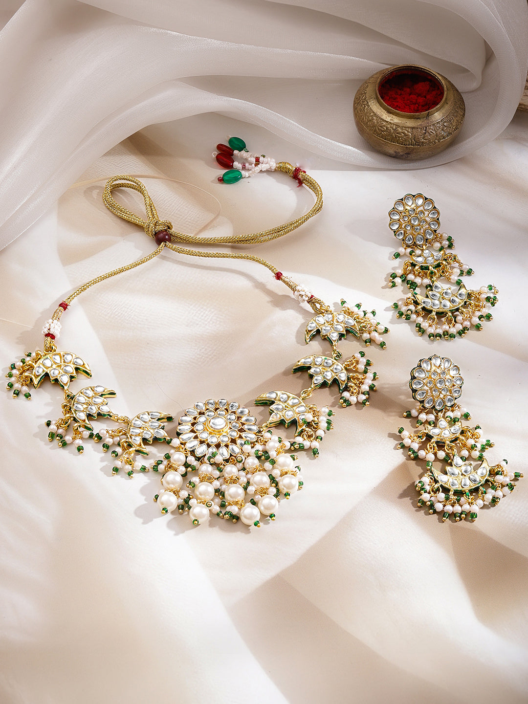 Graceful Kundan Pearl Green Necklace Set フリーサイズ