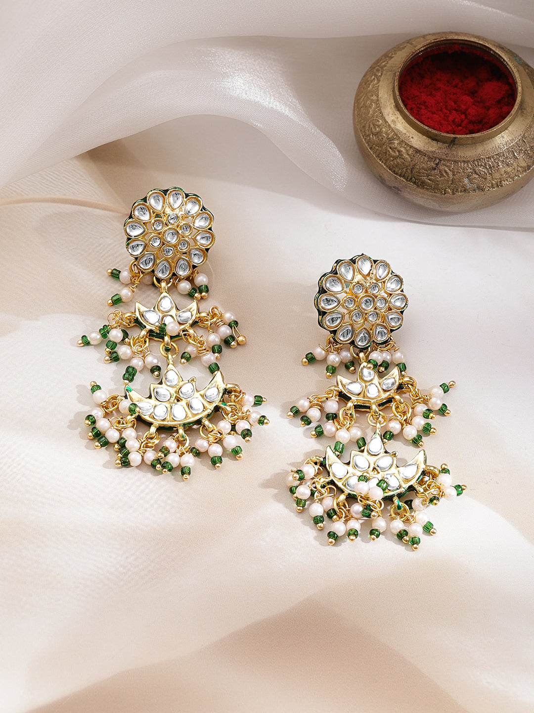 Graceful Kundan Pearl Green Necklace Set フリーサイズ