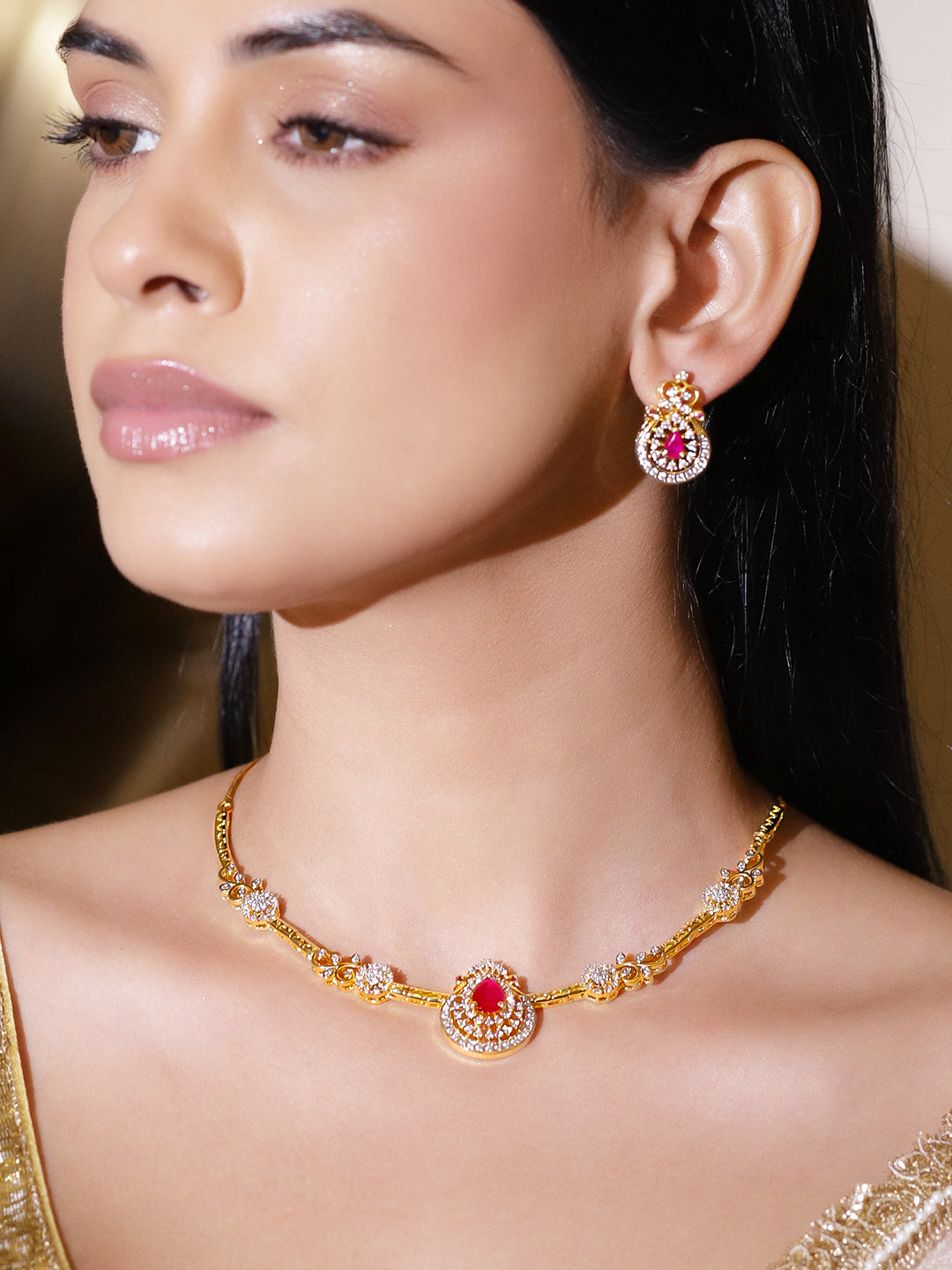 Heritage Style Pretty Pink Gold American Diamond Necklace Set フリーサイズ