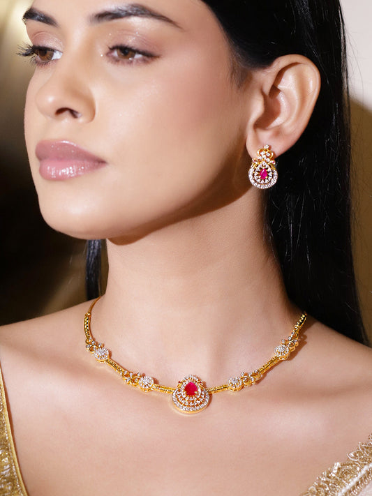Heritage Style Pretty Pink Gold American Diamond Necklace Set フリーサイズ