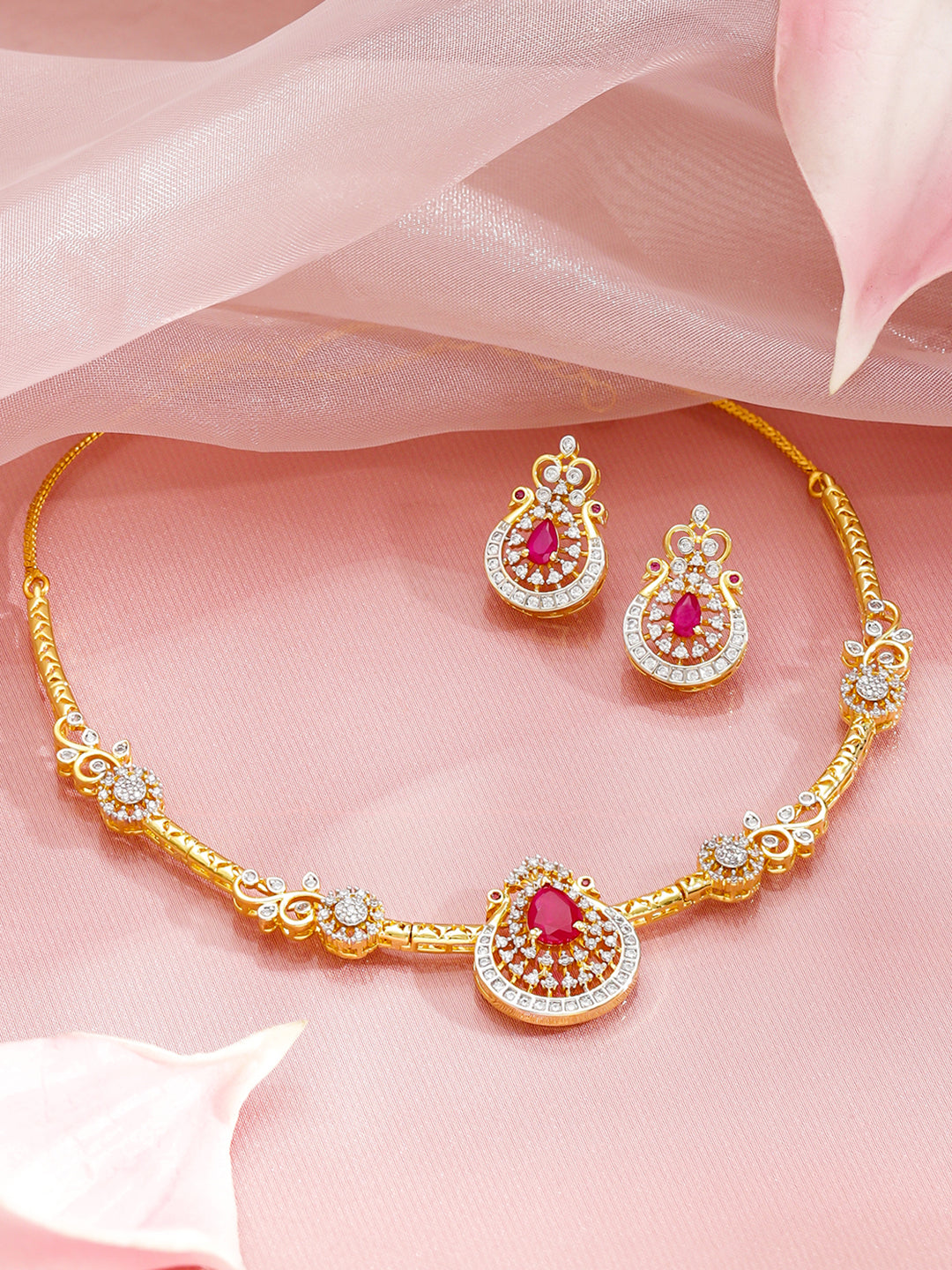 Heritage Style Pretty Pink Gold American Diamond Necklace Set フリーサイズ