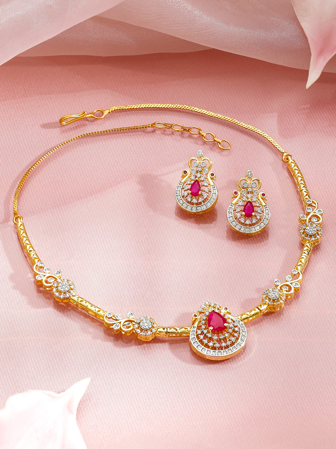 Heritage Style Pretty Pink Gold American Diamond Necklace Set フリーサイズ