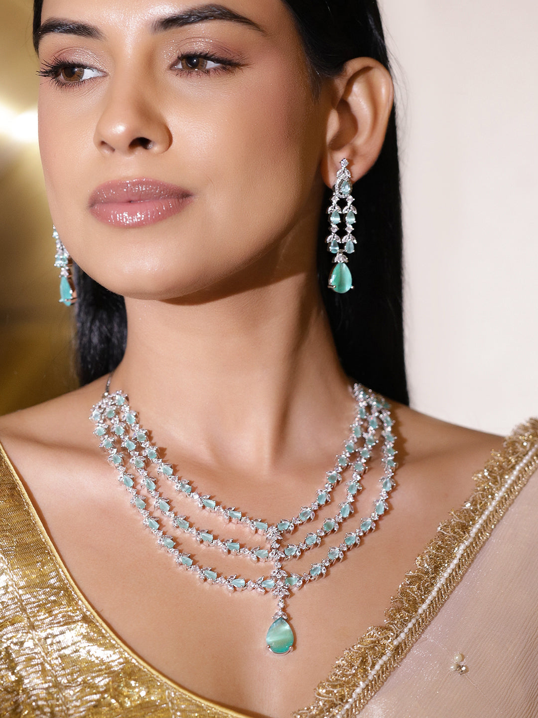 American Diamond Zirconia Green Layered Necklace Set フリーサイズ