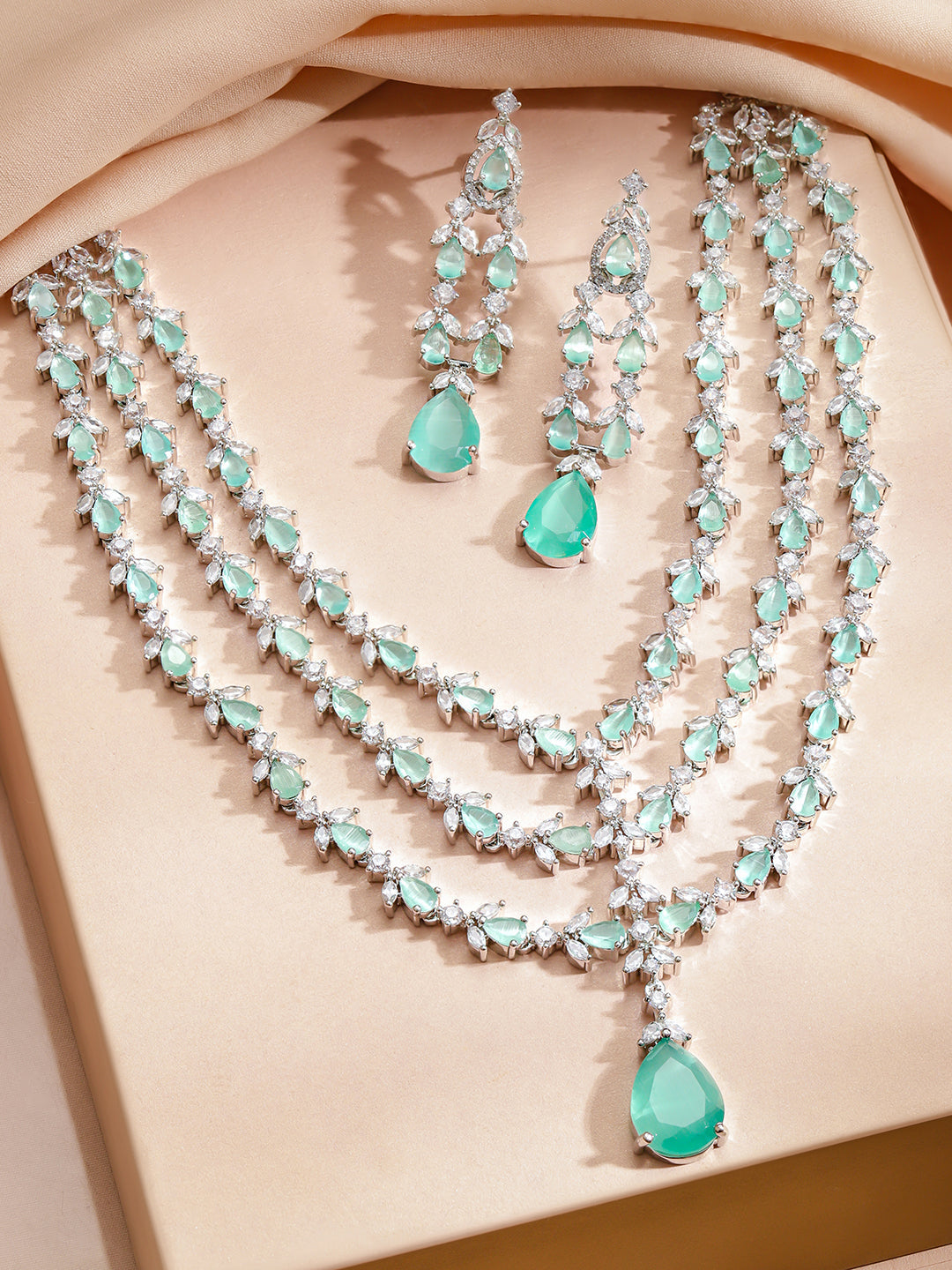 American Diamond Zirconia Green Layered Necklace Set フリーサイズ