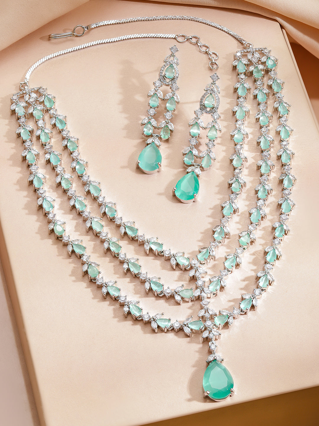 American Diamond Zirconia Green Layered Necklace Set フリーサイズ