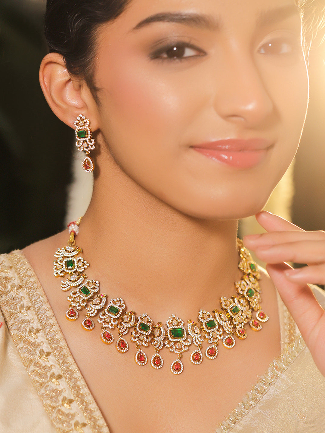 Emerald & Ruby Royal Peacock American Diamond Necklace Set フリーサイズ