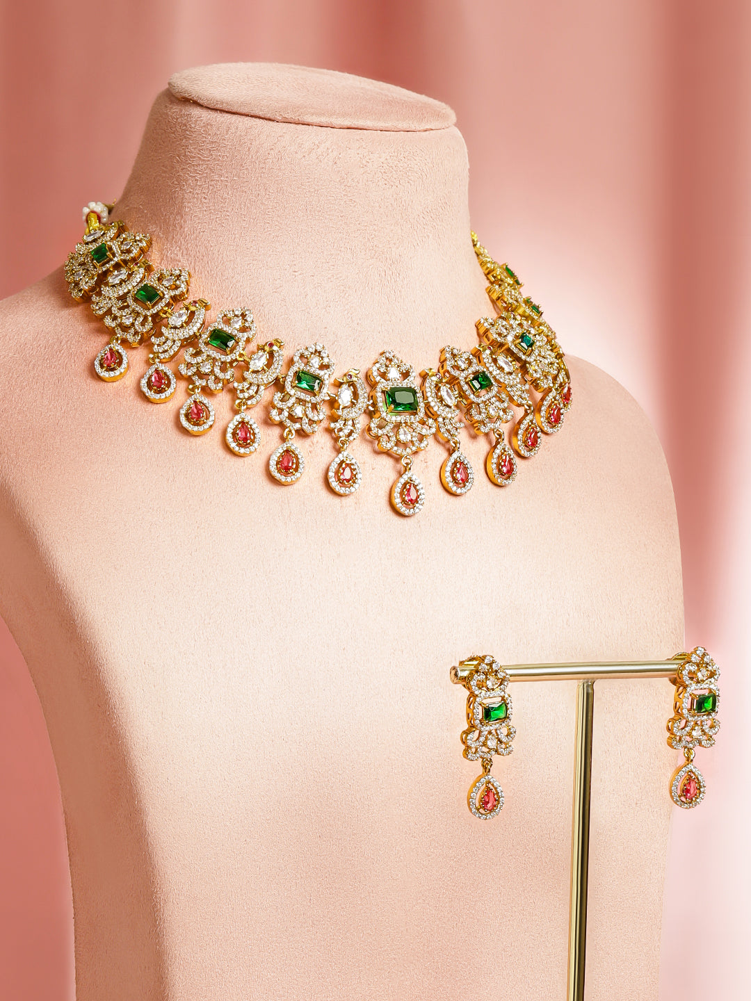 Emerald & Ruby Royal Peacock American Diamond Necklace Set フリーサイズ