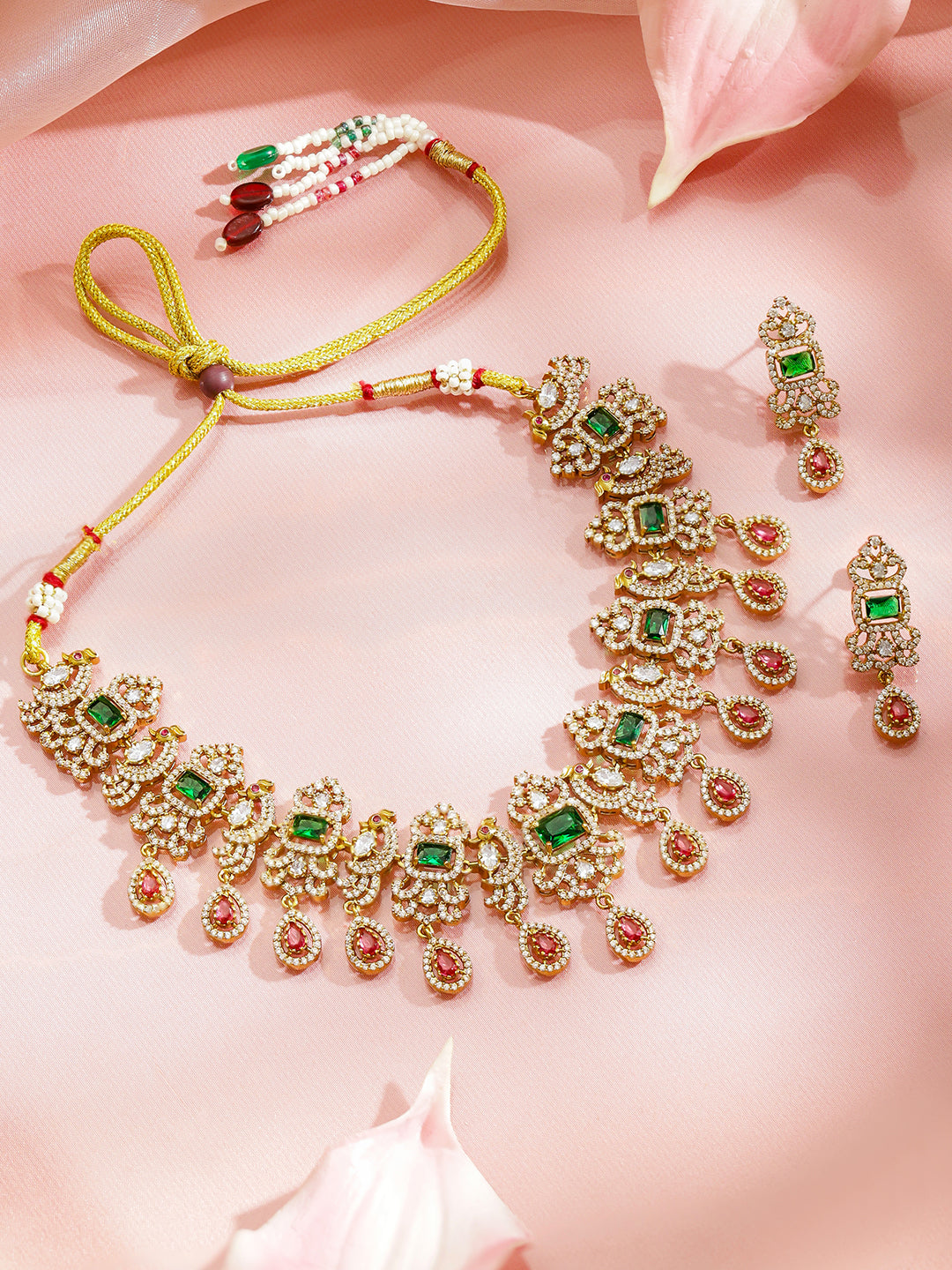 Emerald & Ruby Royal Peacock American Diamond Necklace Set フリーサイズ