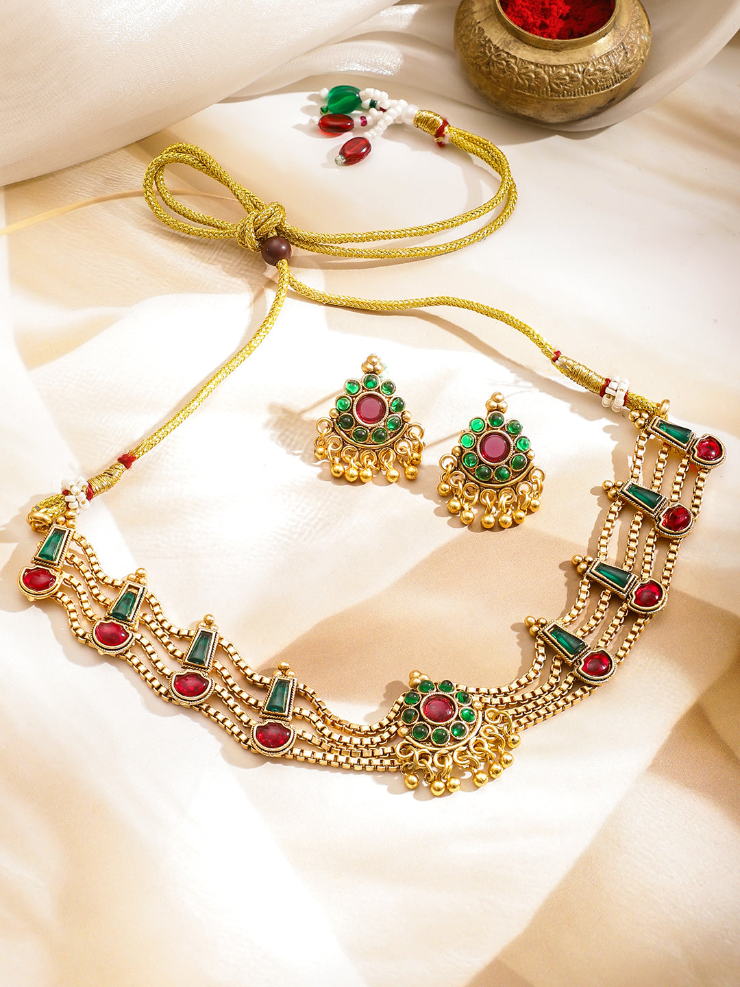 Multicolor Studded Layered Choker Set フリーサイズ
