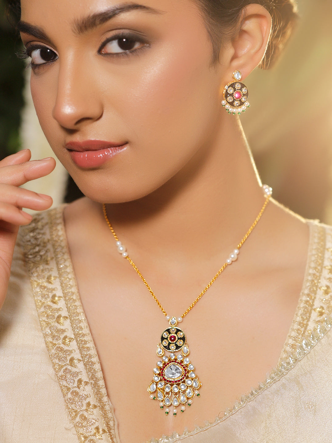 Kundan Luxury Bloom Pink  Pendant Set フリーサイズ