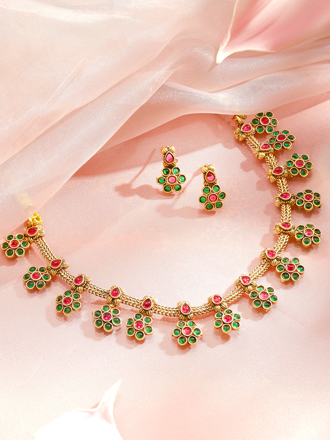Green & Red Studded Floral Necklace Set フリーサイズ