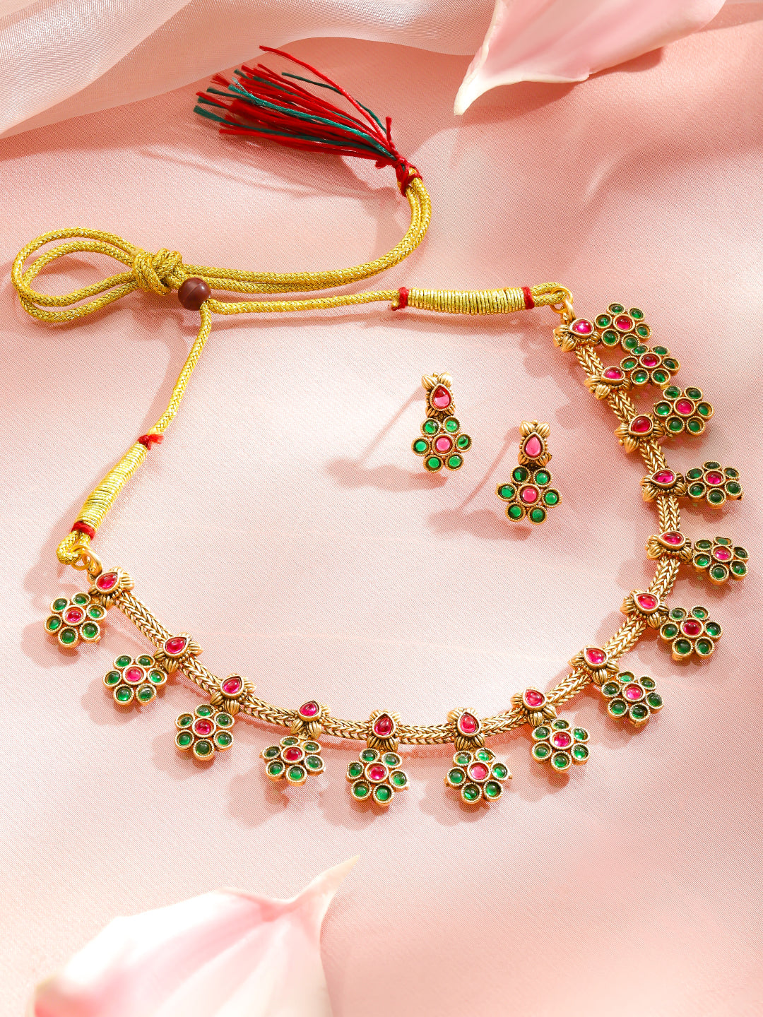 Green & Red Studded Floral Necklace Set フリーサイズ