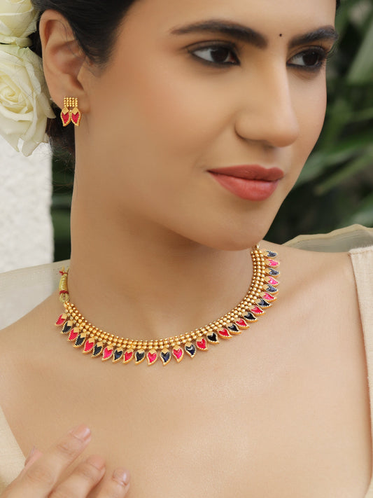Pink & Blue Studded Gold Necklace Set フリーサイズ