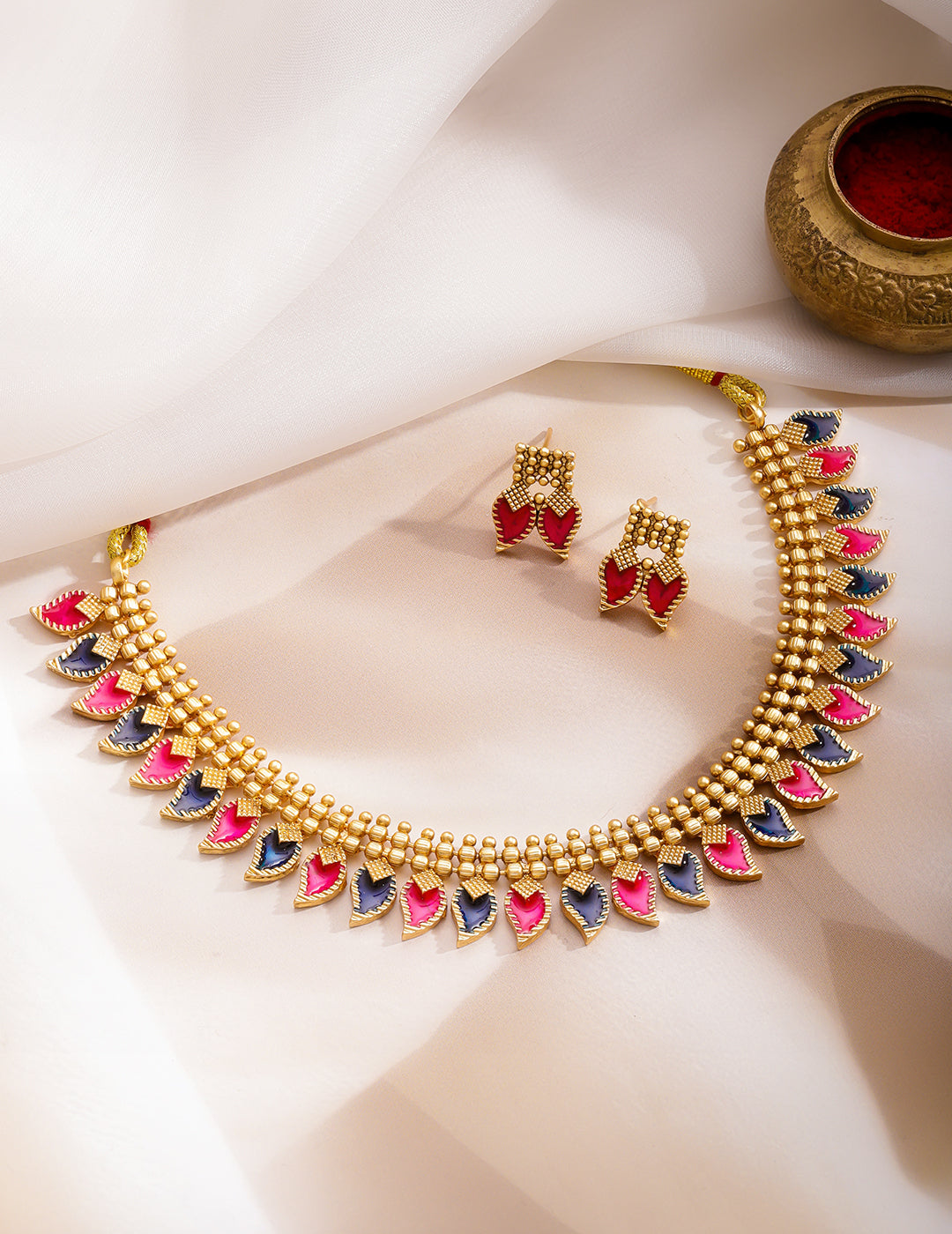 Pink & Blue Studded Gold Necklace Set フリーサイズ