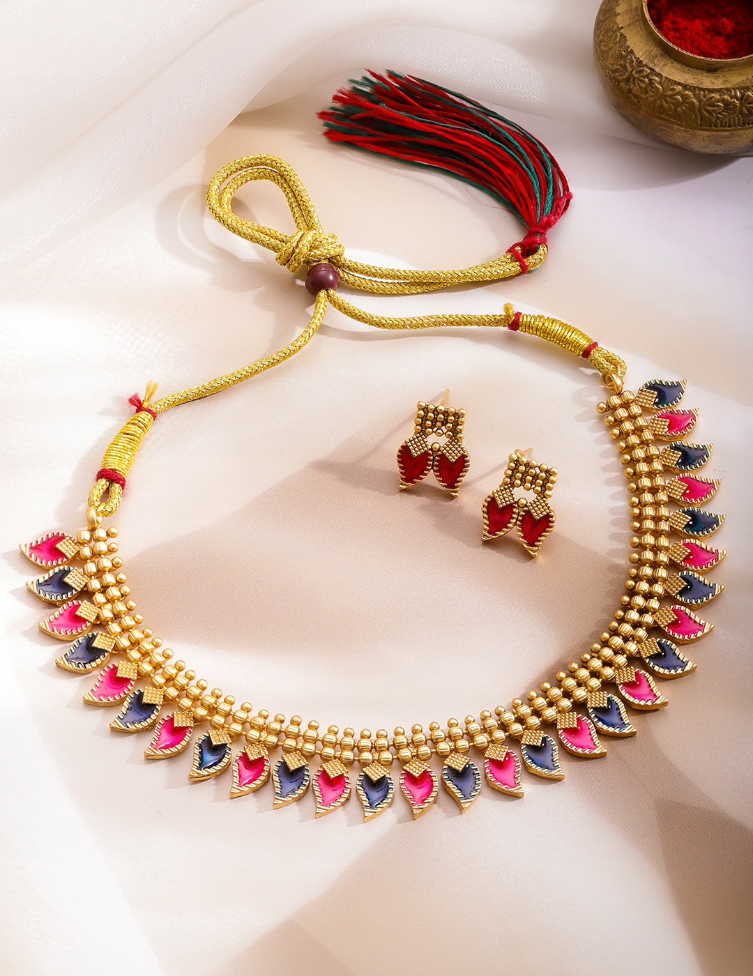 Pink & Blue Studded Gold Necklace Set フリーサイズ