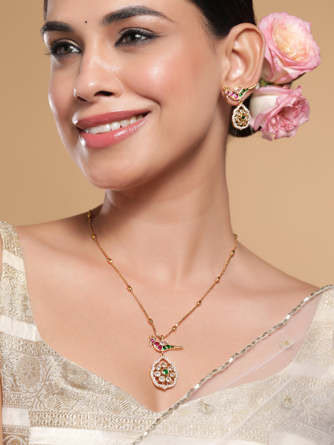 Peacock Design American Diamond Zirconia Necklace Set フリーサイズ