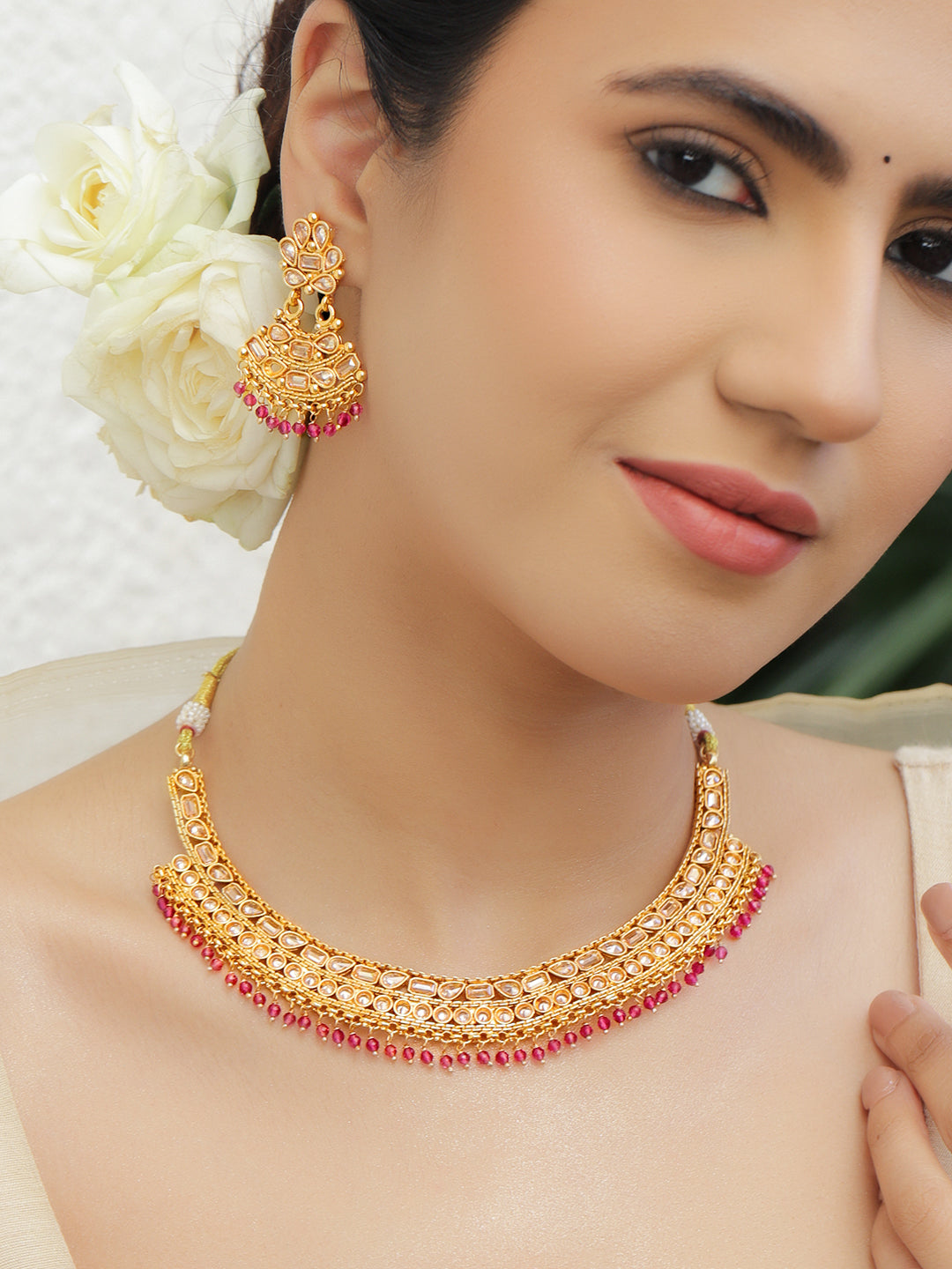 Pink Story of Kundan Necklace Set フリーサイズ