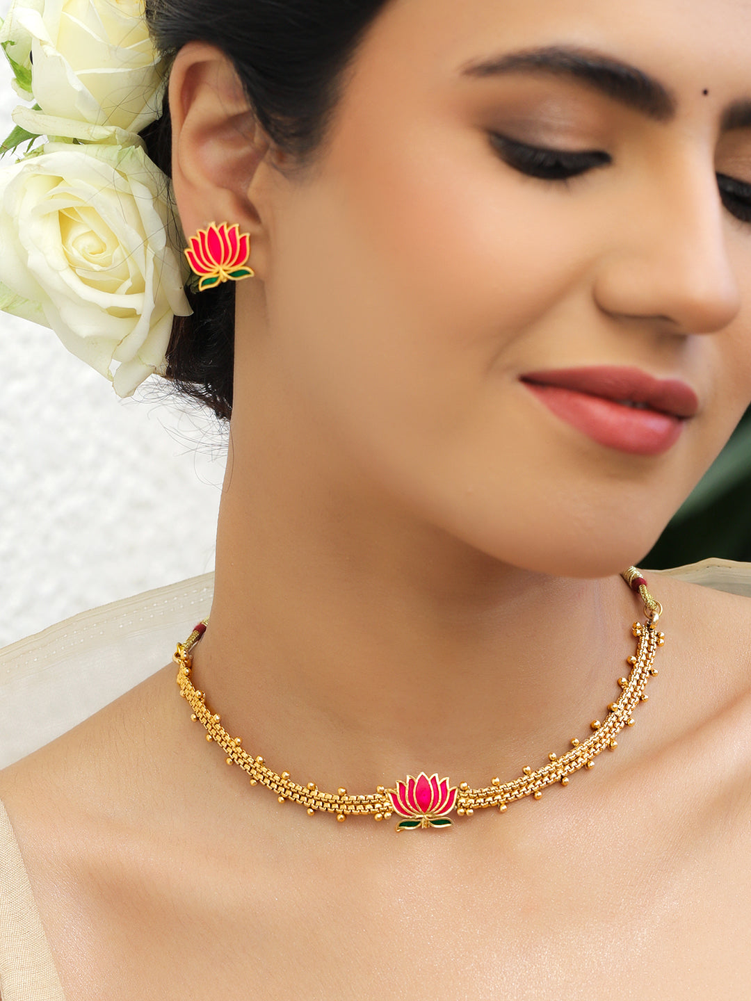 Lotus Motif Gold beads Choker Necklace Set フリーサイズ