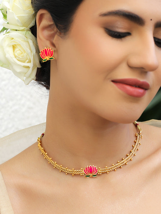 Lotus Motif Gold beads Choker Necklace Set フリーサイズ