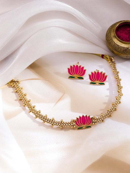 Lotus Motif Gold beads Choker Necklace Set フリーサイズ