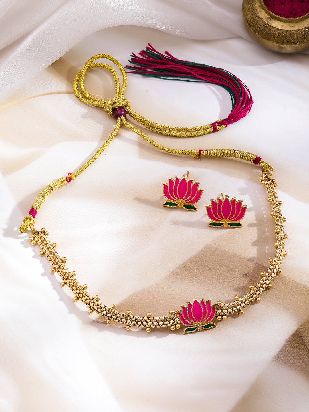 Lotus Motif Gold beads Choker Necklace Set フリーサイズ