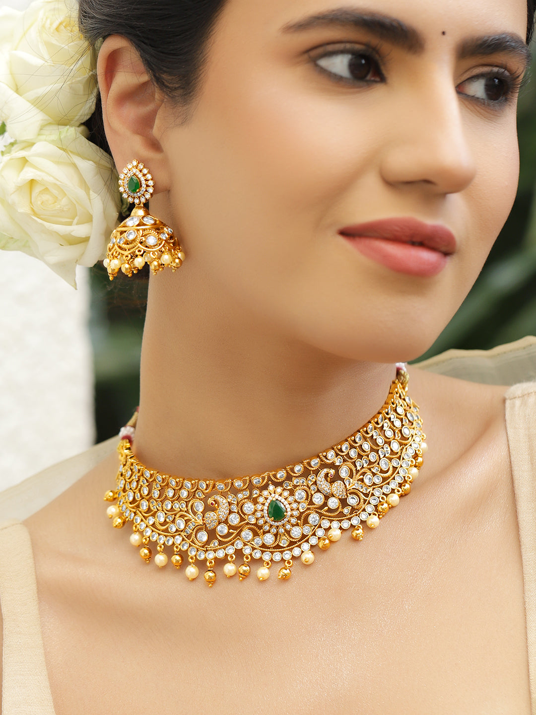 Floral Glory Green & Golden Necklace Set フリーサイズ