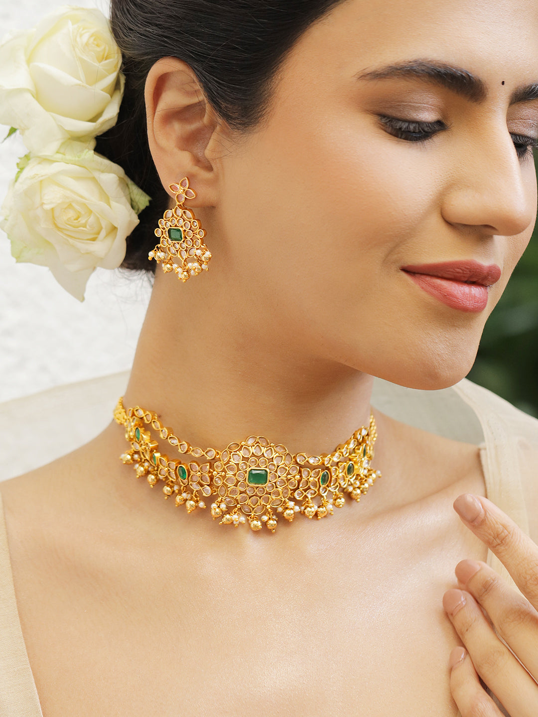 Emerald Tone Kundan Necklace Set フリーサイズ