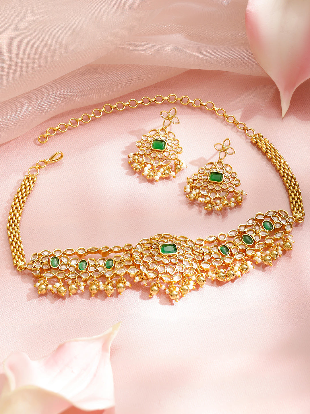 Emerald Tone Kundan Necklace Set フリーサイズ