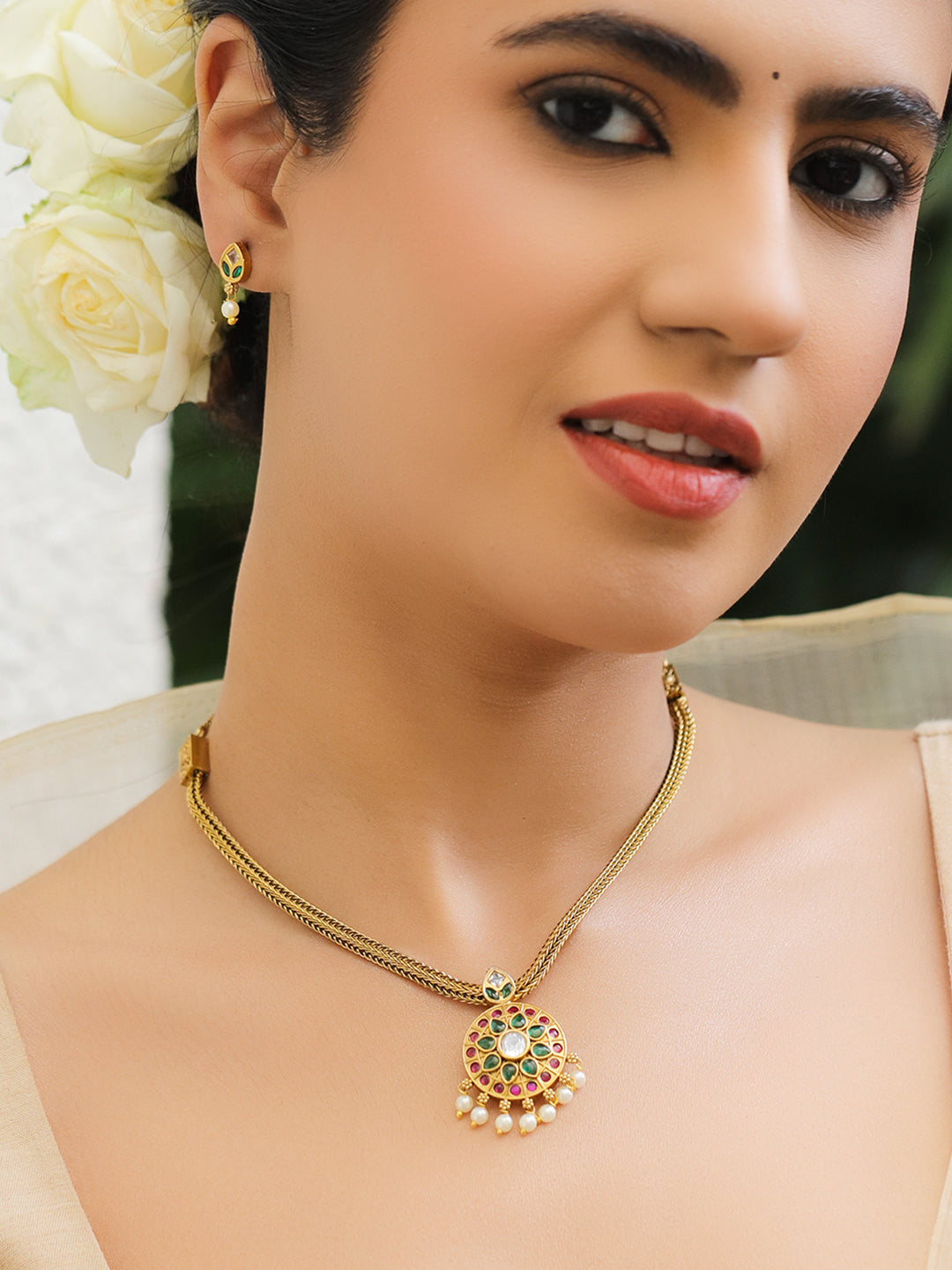 Pink & Green Studded Pearl Drop Necklace Set フリーサイズ