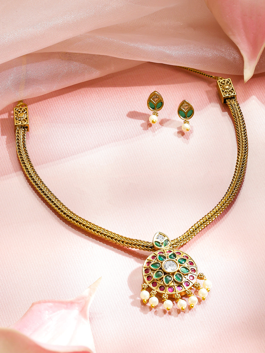 Pink & Green Studded Pearl Drop Necklace Set フリーサイズ