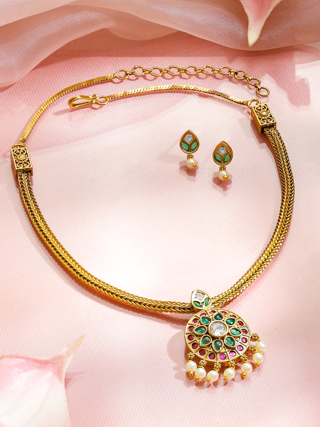 Pink & Green Studded Pearl Drop Necklace Set フリーサイズ